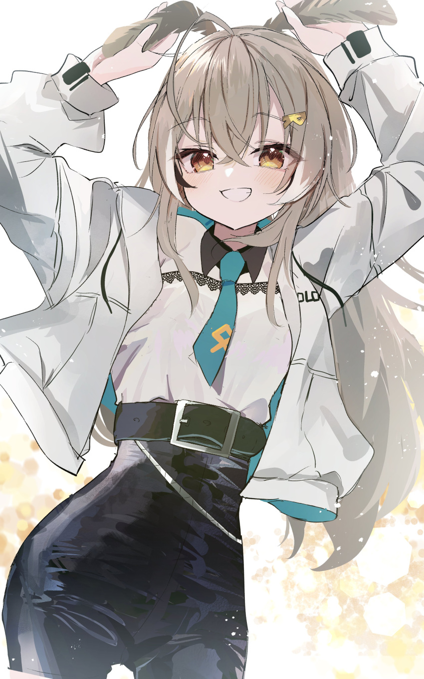 1girl, absurdres, ahoge, alternate_costume, arms_up, bangs, belt, black_collar, brown_eyes, brown_hair, collar, feather_hair_ornament, feathers, grin, hair_ornament, hairclip, high-waist_pants, highres, hololive, hololive_english, inaba_reito, jacket, leather, leather_pants, looking_at_viewer, multicolored_hair, nanashi_mumei, necktie, pants, runes, shirt, simple_background, smile, solo, streaked_hair, virtual_youtuber, white_jacket, white_shirt