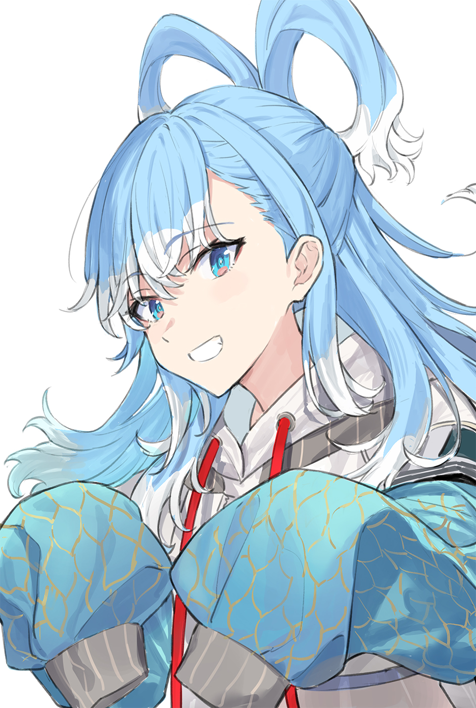 1girl, blue_eyes, blue_hair, grin, hair_rings, highres, hololive, hololive_indonesia