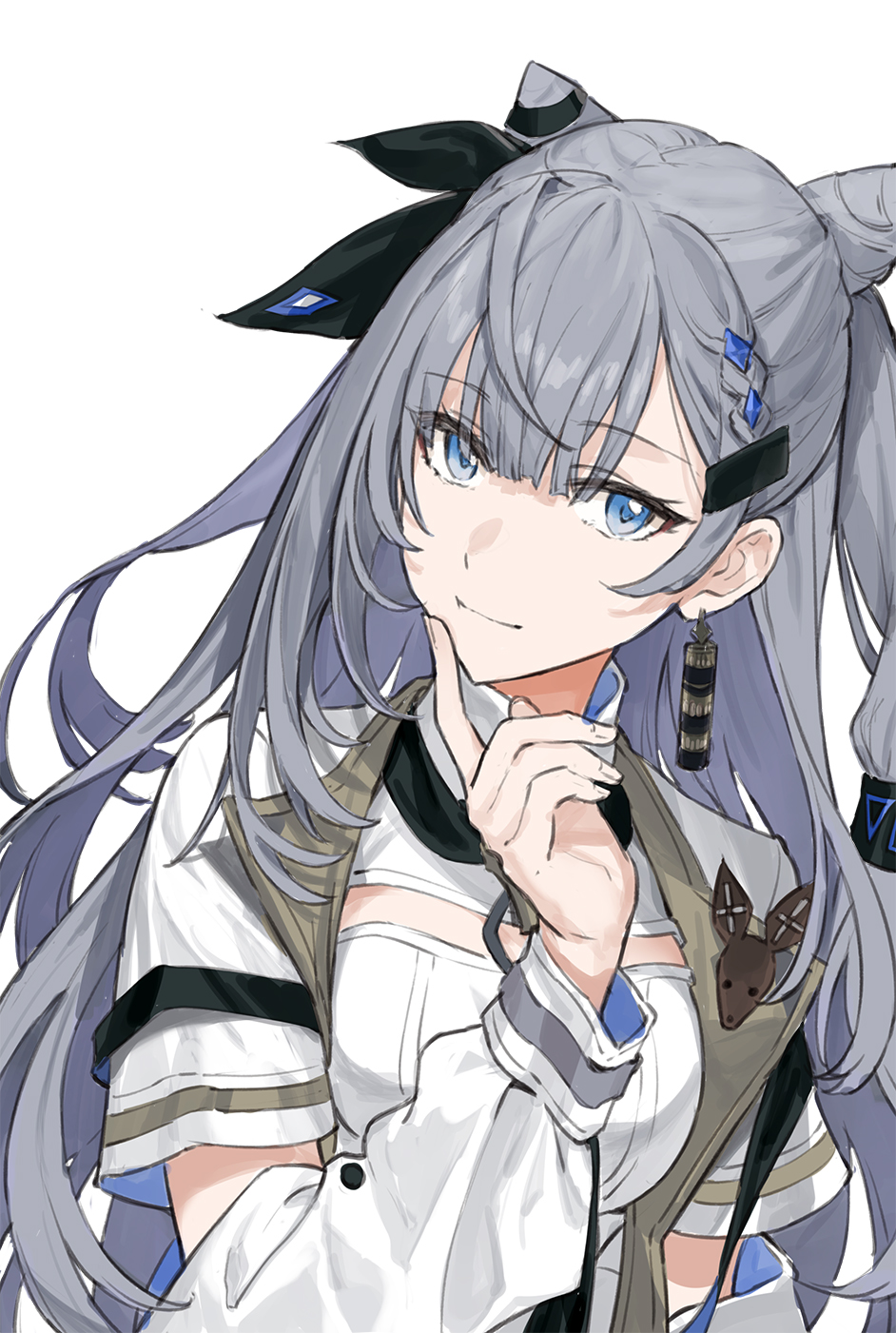 1girl, blue_eyes, earrings, finger_to_own_chin, grey_hair, highres, hololive, hololive_indonesia