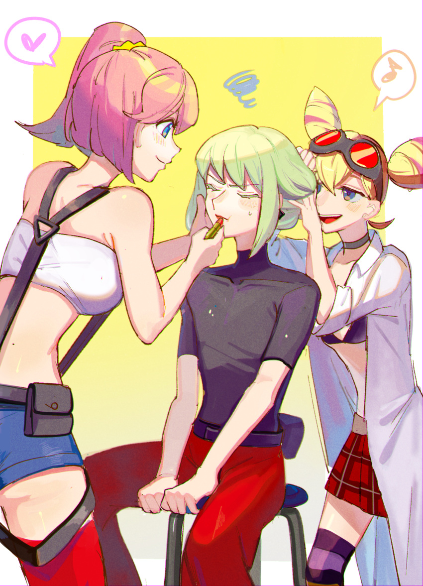 1boy, 2girls, aina_ardebit, androgynous, bandeau, bikini, black_shirt, blonde_hair