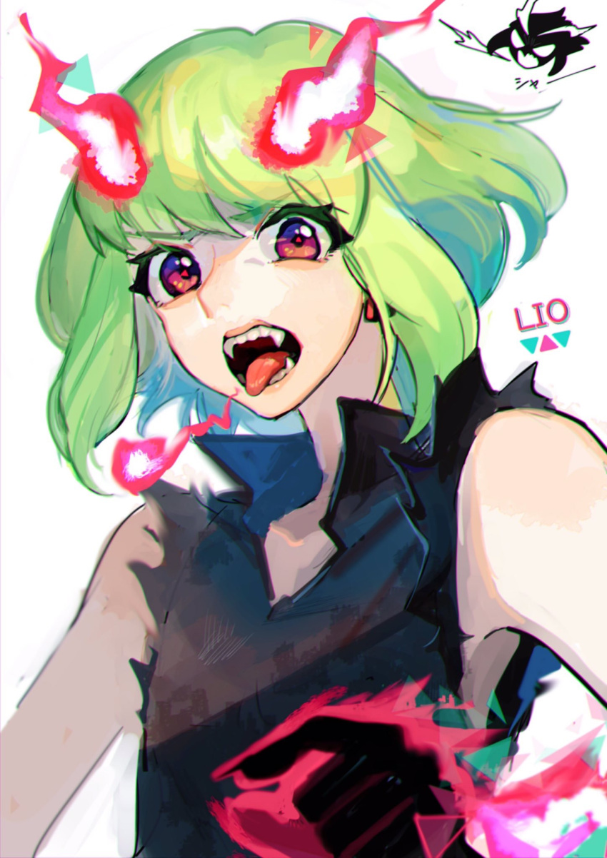 1boy, androgynous, black_tank_top, character_name, earrings, fire, flaming_horns, green_hair