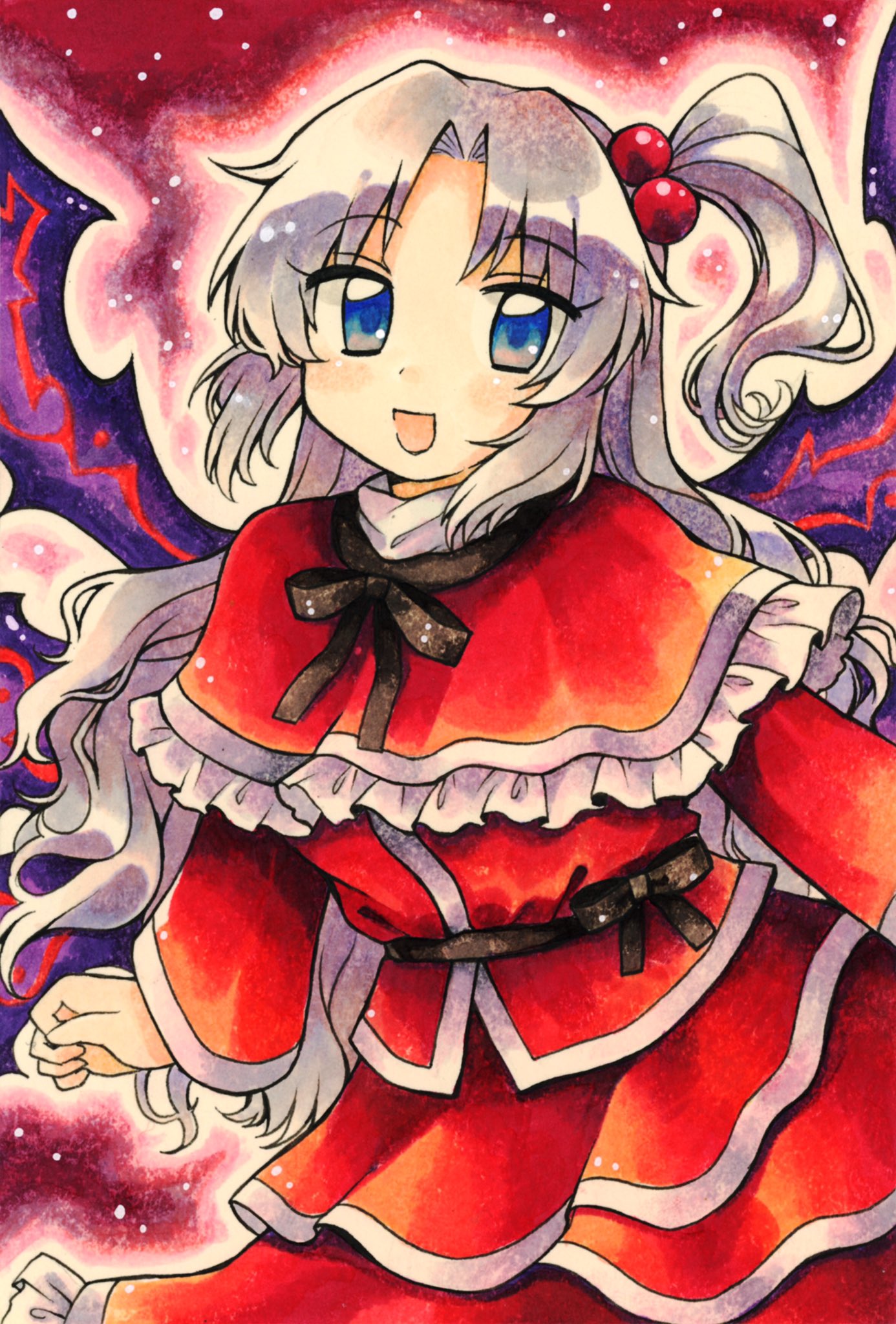 1girl, bangs, black_bow, black_bowtie, black_ribbon, black_sash, blouse, blue_eyes