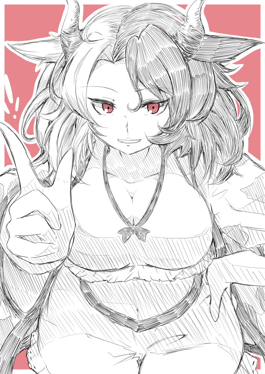 1girl, absurdres, animal_print, black_hair, border, commentary_request, cow_horns, cow_print, crop_top, grey_hair, grin, hand_on_hip, haori, highres, horns, japanese_clothes, kitoboshi, limited_palette, midriff, multicolored_hair, navel, one-hour_drawing_challenge, pink_background, pointing, shorts, sketch, smile, stomach, touhou, two-tone_hair, upper_body, ushizaki_urumi, white_border
