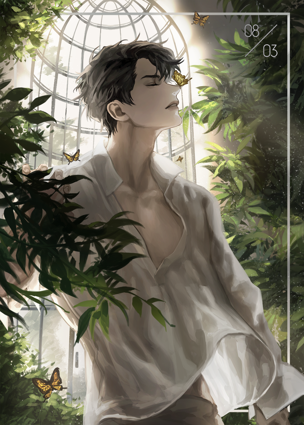 1boy, birthday, black_hair, blackbox_(blackbox9158), bug, bush, butterfly, butterfly_on_nose, closed_eyes, collarbone, dated, highres, joonghyuk_yoo, leaf, light_particles, light_rays, looking_away, looking_up, male_focus, omniscient_reader's_viewpoint, parted_lips, shirt, short_hair, sunbeam, sunlight, unbuttoned, unbuttoned_shirt, vegetation, white_shirt, window, yellow_butterfly