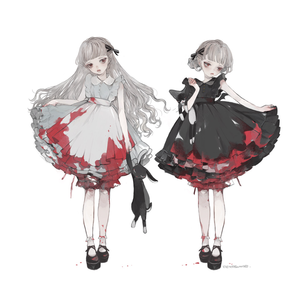 2girls, ambiguous_red_liquid, animal, apron, bare_arms, black_dress, black_footwear, black_ribbon