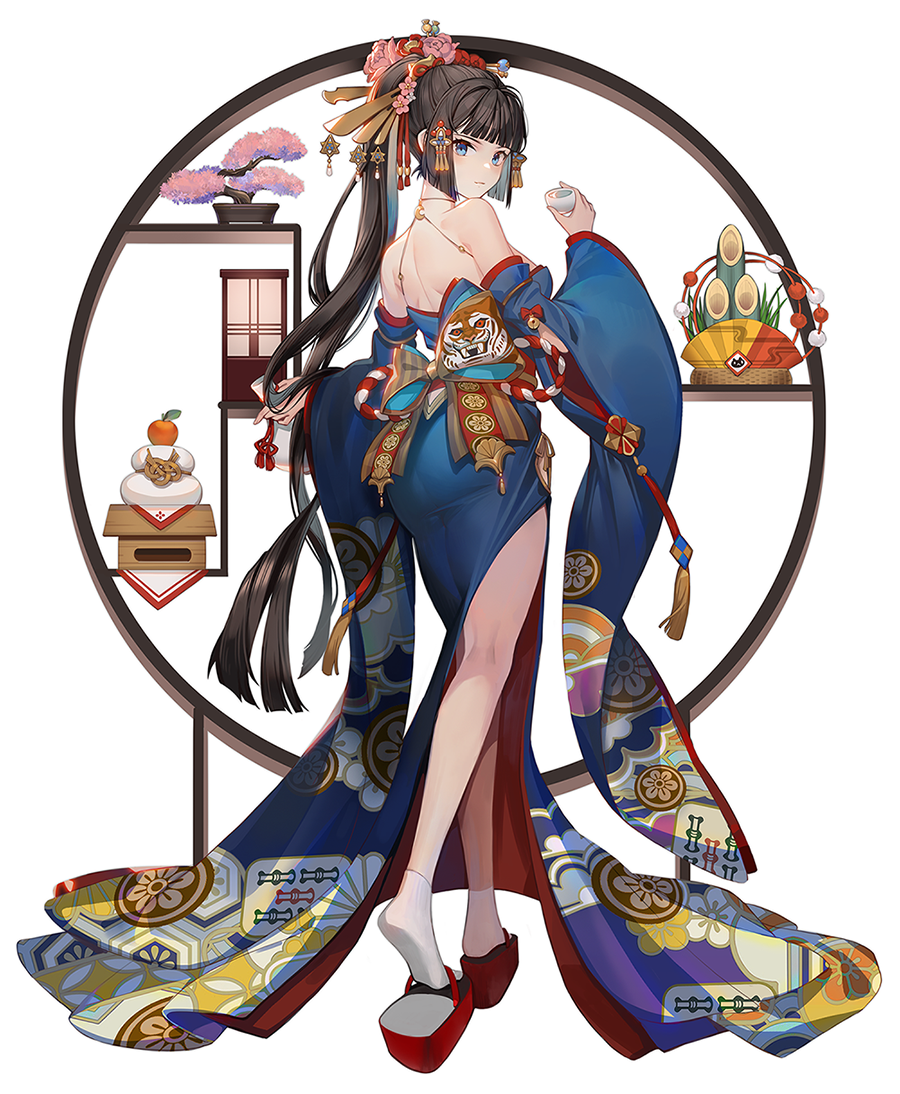 1girl, alcohol, animal_print, ass, back_bow, balusah, bamboo, bangs