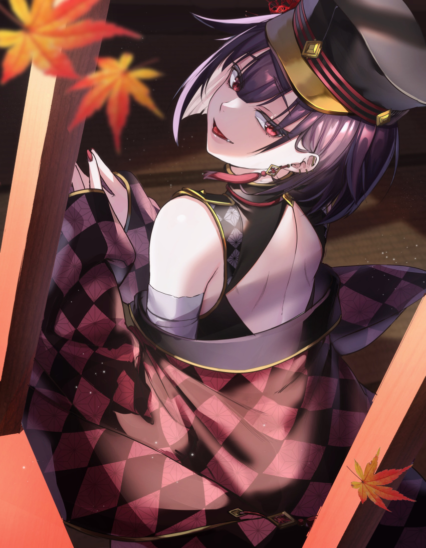 1boy, aonekairi, back, backless_outfit, bandaged_arm, bandages, bangs, bare_shoulders, black_headwear, blurry, blurry_foreground, brown_hair, checkered_clothes, commentary_request, day, ear_piercing, earrings, eyebrows_visible_through_hair, falling_leaves, fang, flower, from_above, from_behind, hair_between_eyes, hair_flower, hair_ornament, hat, head_tilt, highres, indie_virtual_youtuber, indoors, japanese_clothes, jewelry, leaf, light_particles, long_sleeves, looking_at_viewer, looking_back, male_focus, maple_leaf, nail_polish, off_shoulder, open_mouth, own_hands_together, peaked_cap, piercing, plug_(piercing), red_eyes, red_flower, red_nails, shinoshima_raise, shoulder_blades, sleeves_past_wrists, smile, solo, spider_lily, steepled_fingers, sunlight, tassel, tassel_earrings, tatami, tongue, tongue_out, tsurime, virtual_youtuber, window_shade