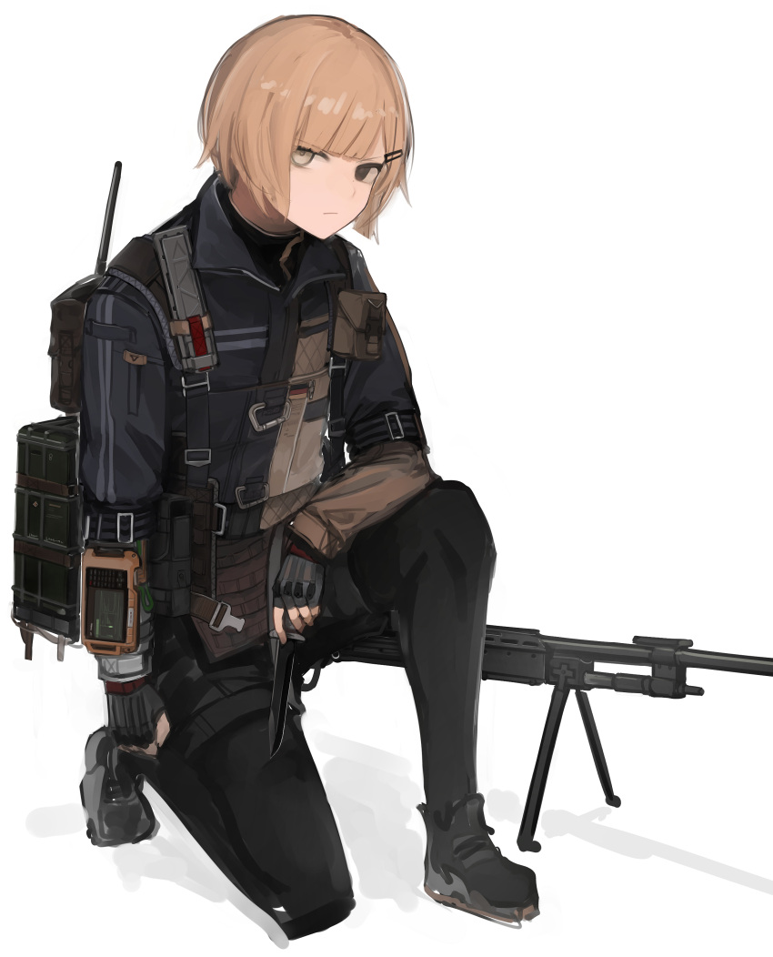 1girl, absurdres, bangs, bipod, black_eyes, black_footwear, black_legwear, black_shorts