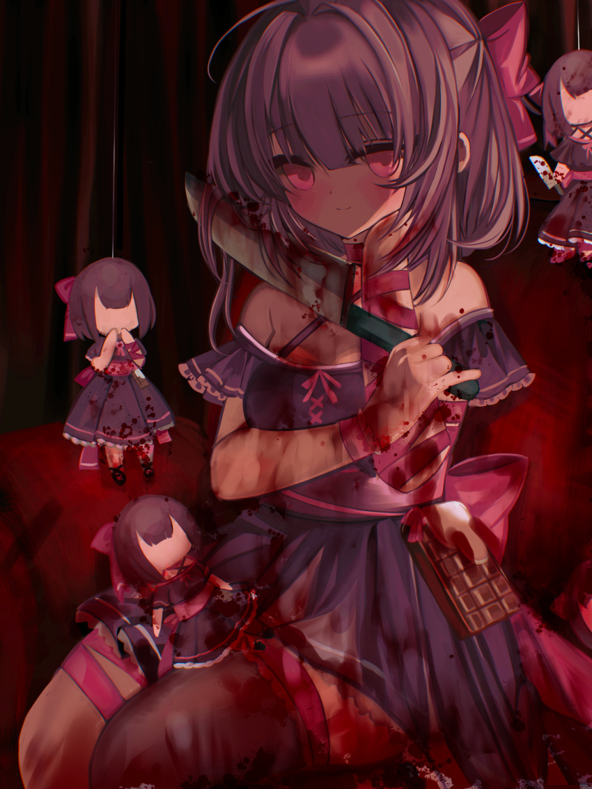 1girl, bangs, bare_shoulders, black_dress, blood, blood_in_hair, blood_on_clothes, blood_on_hands