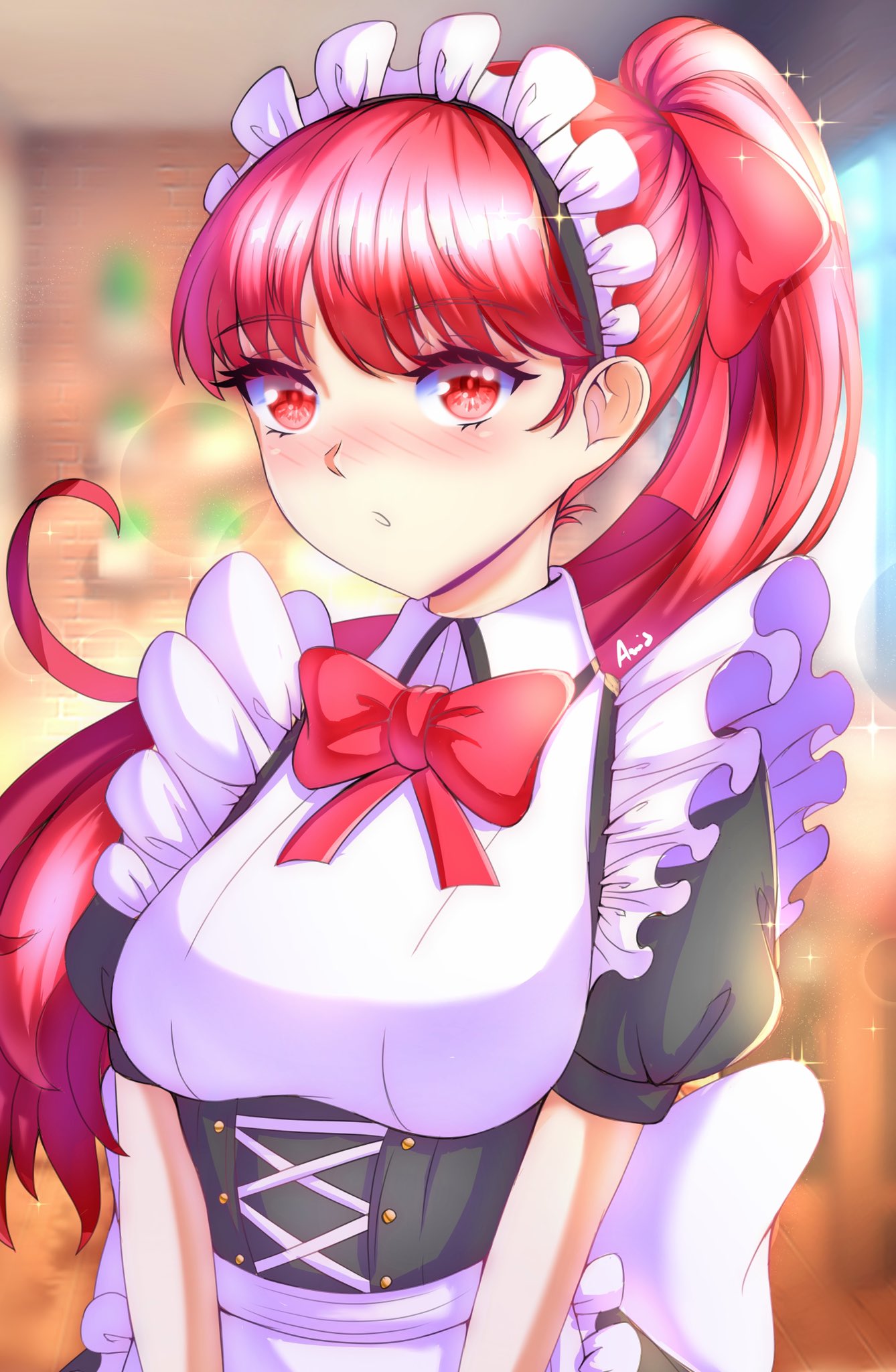 1girl, anisdrawn, apron, bangs, blurry, blurry_background, blush, bow, bowtie, collared_shirt, corset, eyebrows_visible_through_hair, hair_ribbon, highres, long_hair, looking_at_viewer, maid, maid_apron, maid_headdress, persona, persona_5, persona_5_the_royal, ponytail, red_bow, red_bowtie, red_eyes, redhead, ribbon, shirt, short_sleeves, signature, solo, sparkle, yoshizawa_kasumi