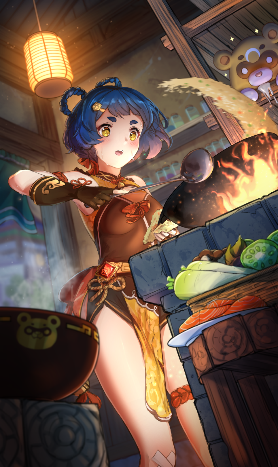 1girl, :o, blue_hair, blush, braid, breasts, china_dress, chinese_clothes