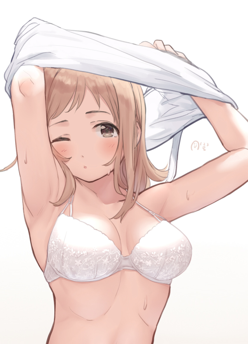1girl, armpits, bra, breasts, brown_eyes, brown_hair, collarbone, commentary_request