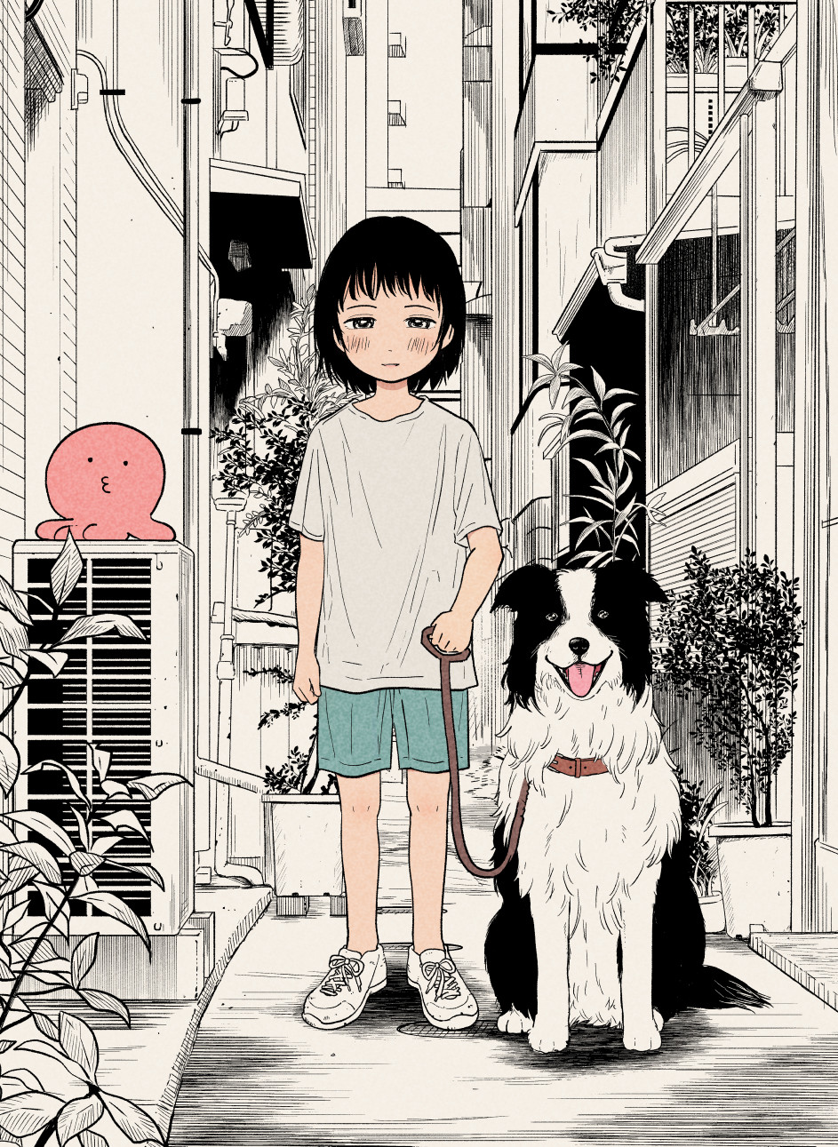 1girl, alley, animal, black_hair, building, chappy_(takopii_no_genzai), collar, creature