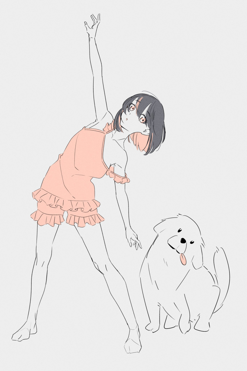 1girl, acubi_tomaranai, bare_arms, bare_legs, bare_shoulders, barefoot, black_hair, chemise