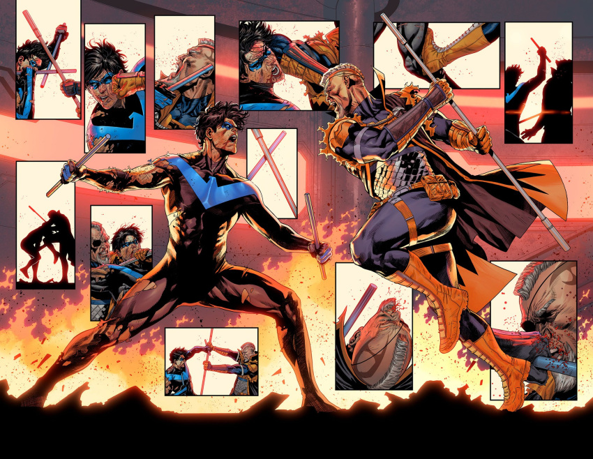 2boys, batman_(series), baton_(weapon), beard, black_bodysuit, black_cape, black_hair, blood