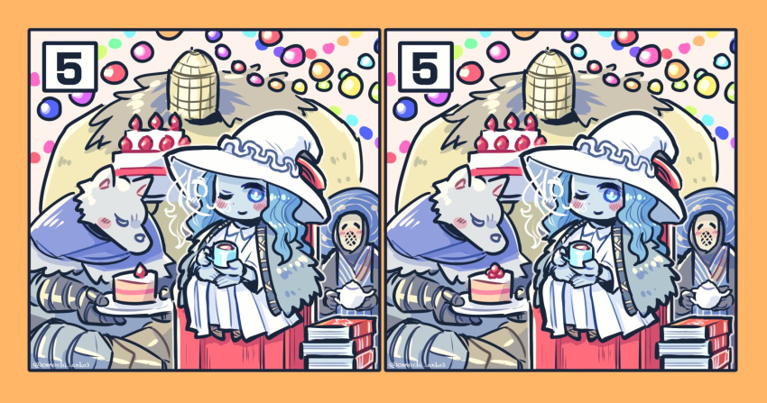 ;), blaidd_the_half-wolf, blue_hair, blush, blush_visible_through_clothes, book, book_stack, cake