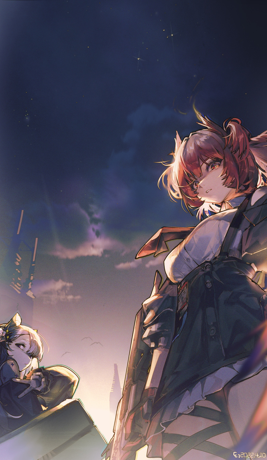 2girls, absurdres, animal_ears, arknights, bird, black_coat, black_eyes, black_skirt, breasts, closed_mouth, coat, cowboy_shot, feather_hair, fiammetta_(arknights), from_below, gradient_sky, grey_hair, gun, heavyrain_(arknights), high-waist_skirt, highres, holding, holding_gun, holding_weapon, horse_ears, large_breasts, long_sleeves, looking_at_viewer, looking_back, looking_down, multiple_girls, open_clothes, open_coat, parted_lips, red_eyes, redhead, shield, shirt, short_hair, skirt, sky, star_(sky), starry_sky, suspender_skirt, suspenders, thigh_strap, twilight, v, weapon, white_shirt, xiaohuanjie