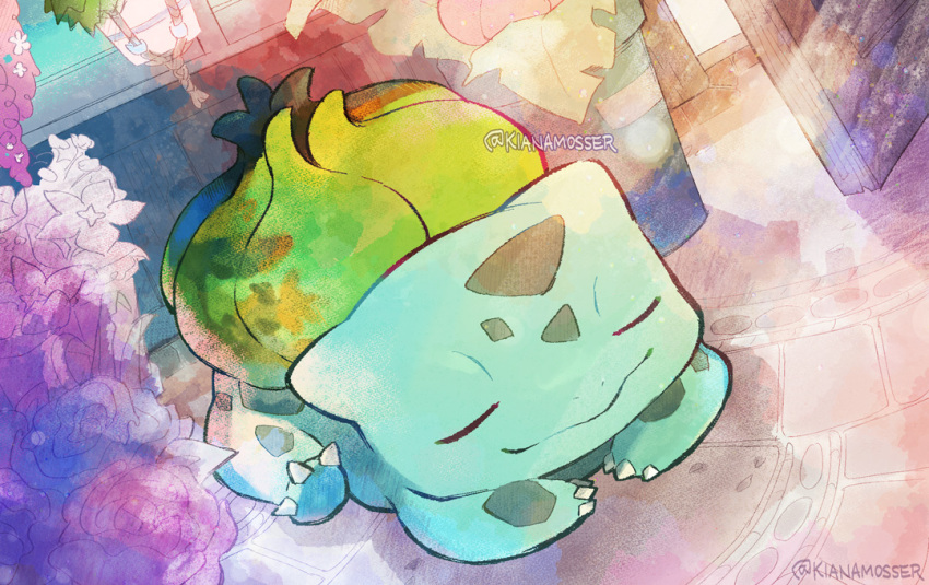 building, bulbasaur, claws, closed_eyes, colored_skin, commentary, door, english_commentary