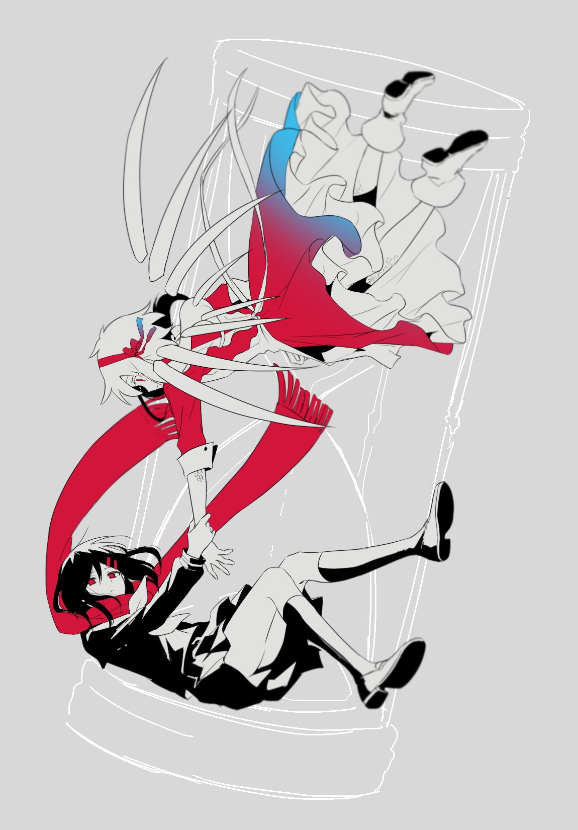 2girls, aaniko, black_hair, black_sailor_collar, black_serafuku, black_shirt, black_skirt, blue_dress