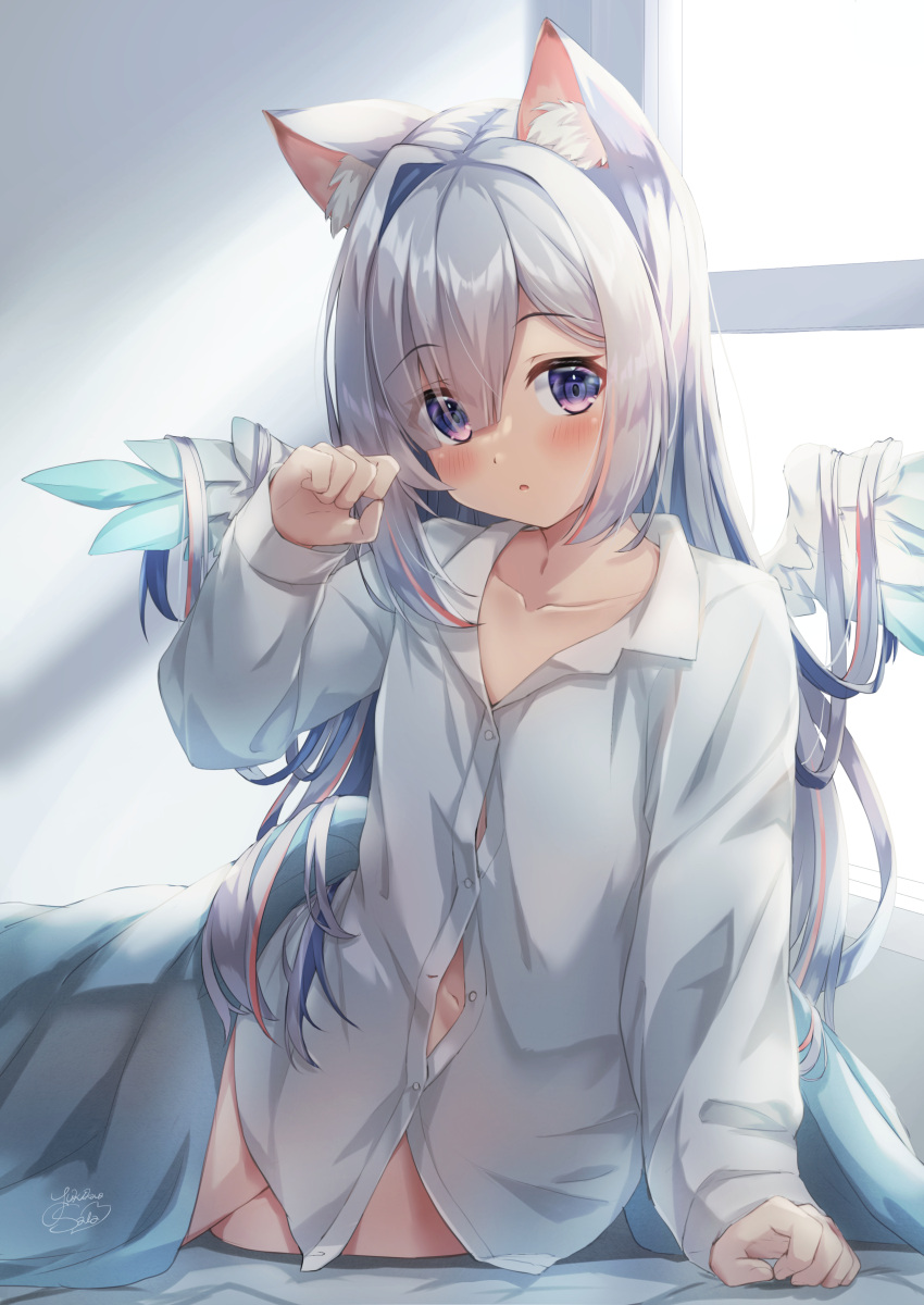 1girl, absurdres, amane_kanata, angel_wings, animal_ear_fluff, animal_ears, arm_support, bangs
