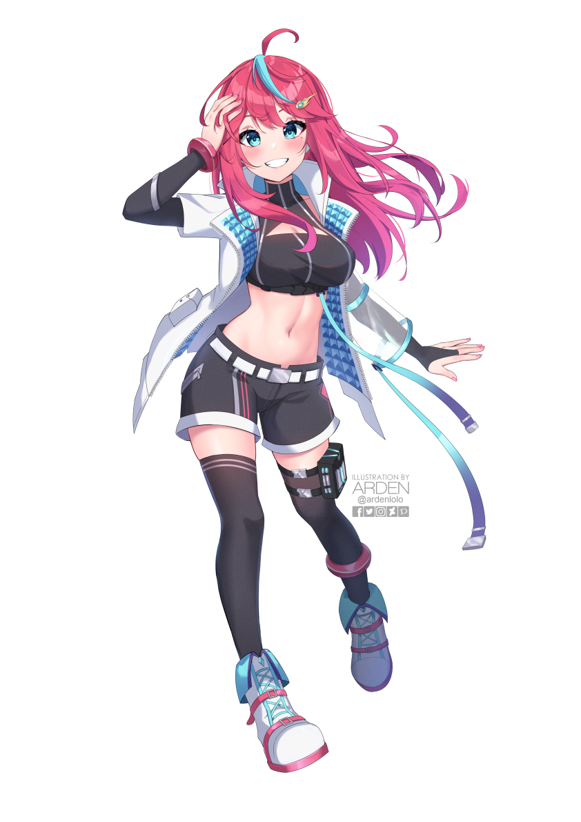 1girl, ahoge, ardenlolo, arm_up, belt, black_legwear, black_shirt, black_shorts