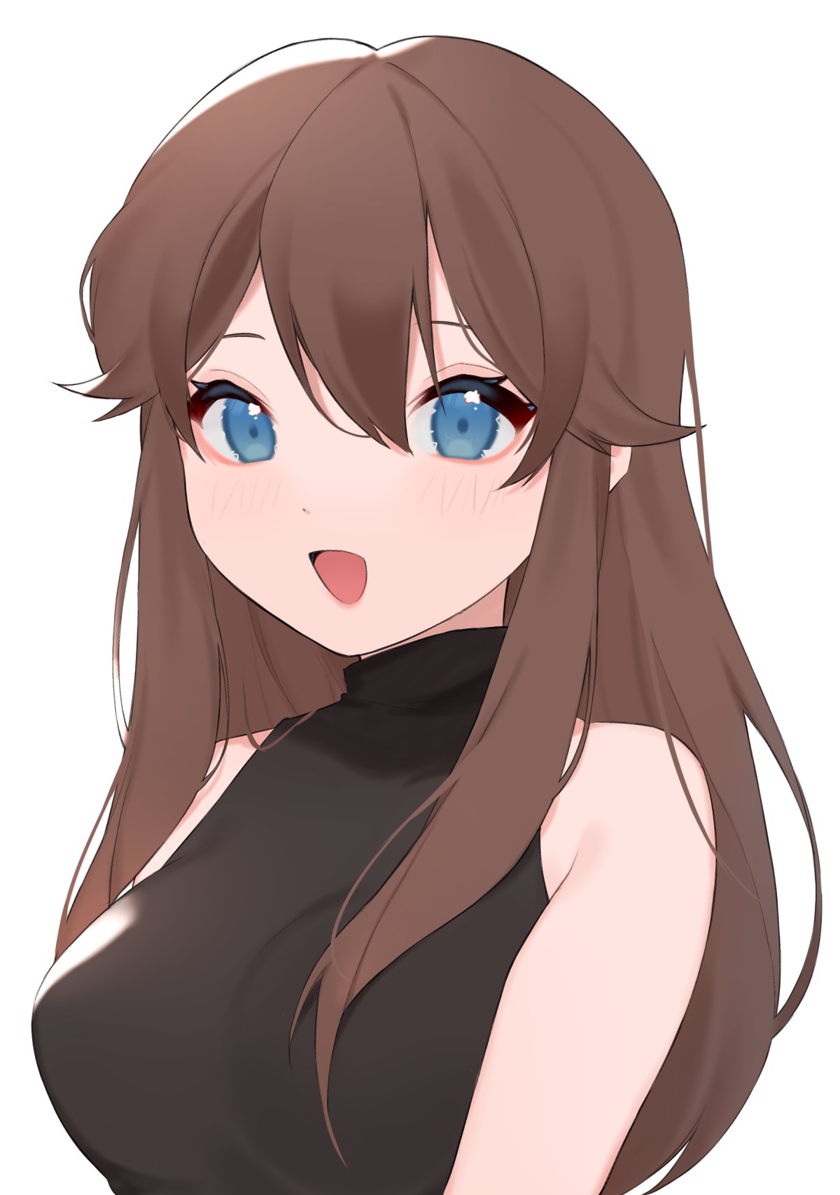 1girl, :d, bangs, black_sweater, blue_eyes, breasts, brown_hair, green_(pokemon)