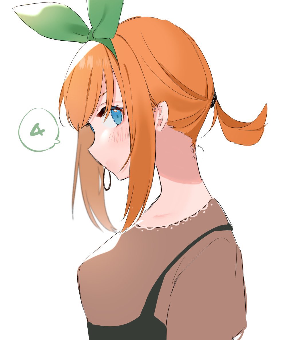 1girl, black_skirt, blue_eyes, brown_shirt, from_side, go-toubun_no_hanayome, green_ribbon, hair_behind_ear