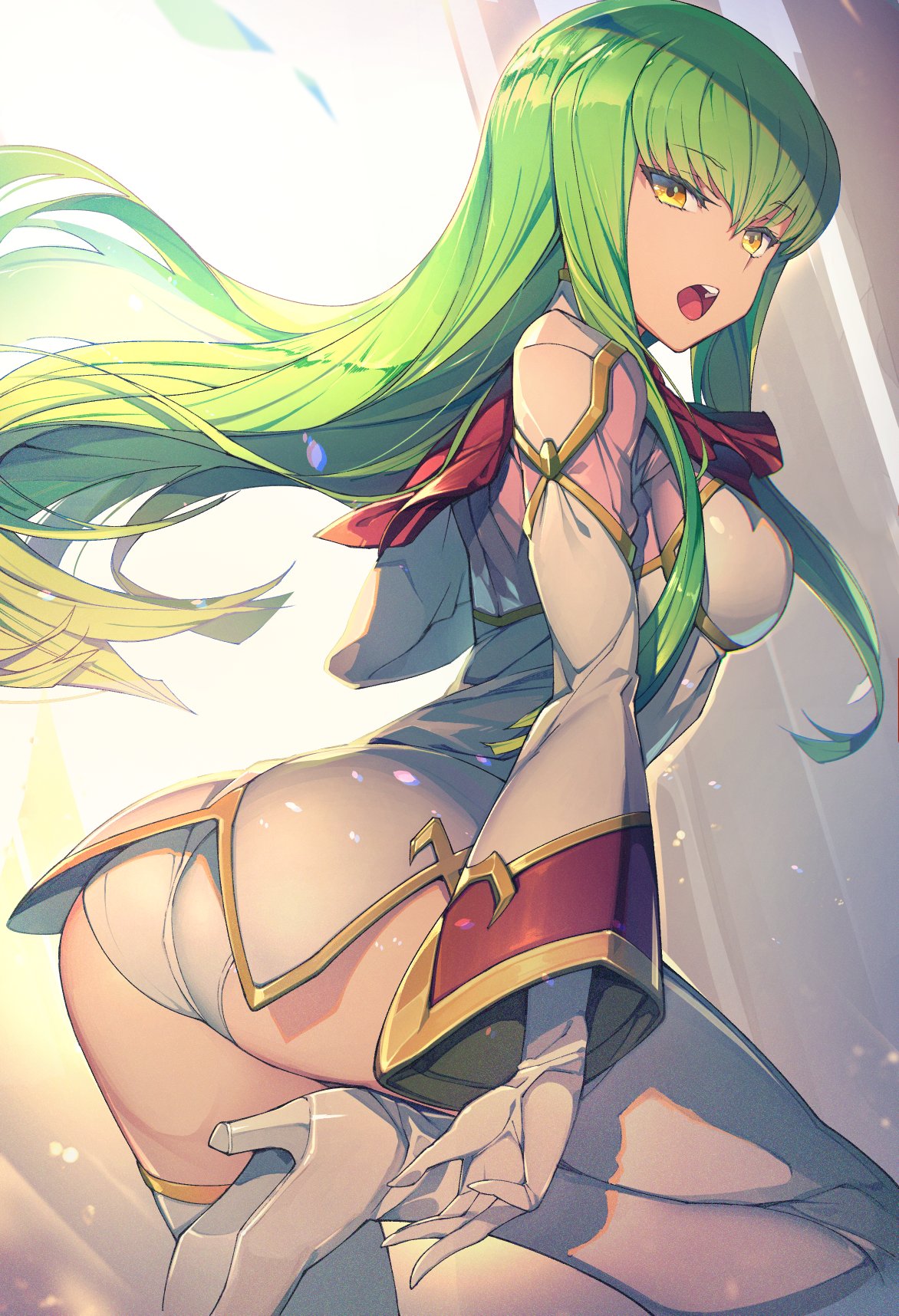 1girl, ass, boots, breasts, c.c., code_geass, commentary, gloves, green_hair, high_heel_boots, high_heels, highres, long_hair, looking_at_viewer, looking_back, open_mouth, solo, tarariko, thigh-highs, thigh_boots, very_long_hair, white_gloves, yellow_eyes