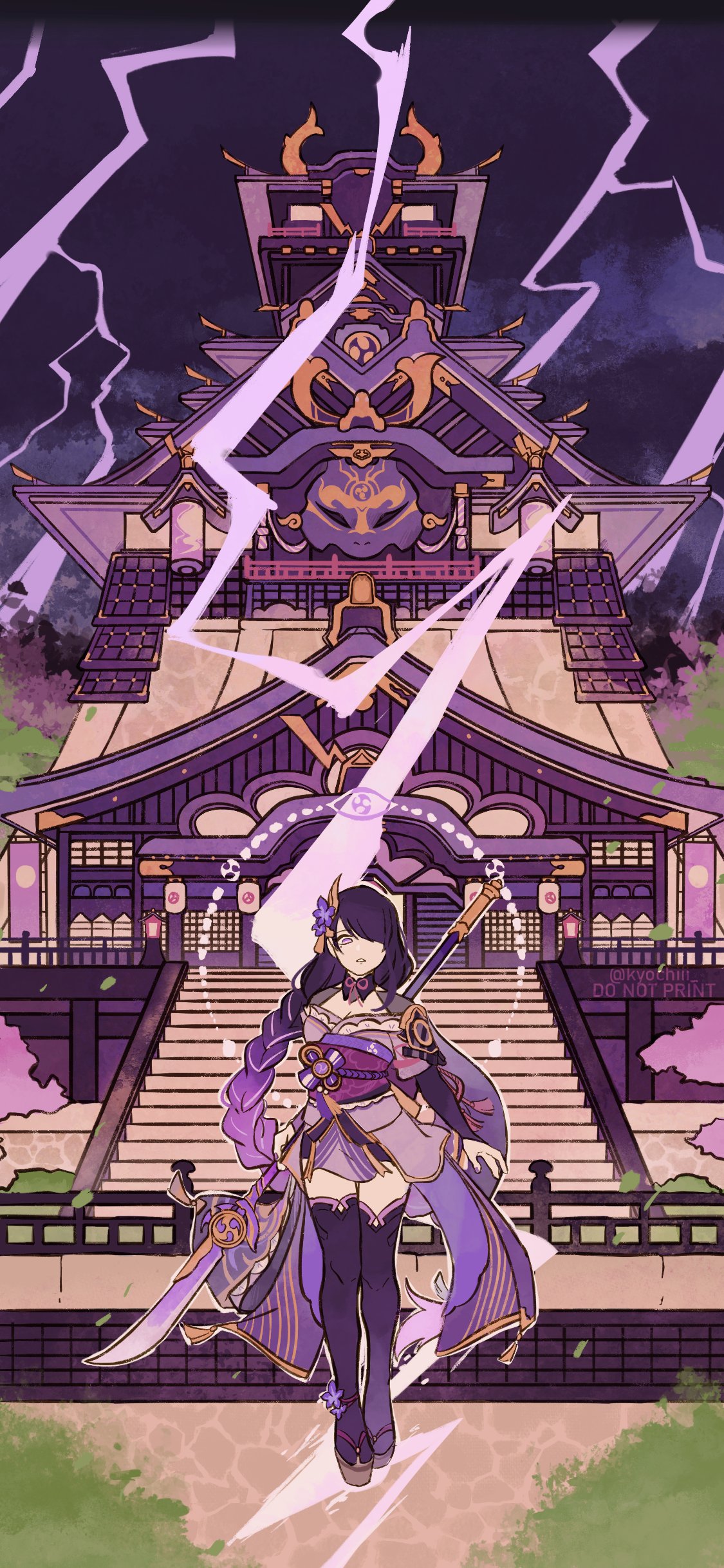 1girl, absurdres, architecture, bangs, black_hair, black_legwear, breasts, commentary, dark, east_asian_architecture, english_commentary, genshin_impact, highres, japanese_clothes, kyochiii, large_breasts, lightning, long_hair, looking_at_viewer, multicolored_hair, night, purple_hair, raiden_shogun, solo, two-tone_hair, violet_eyes