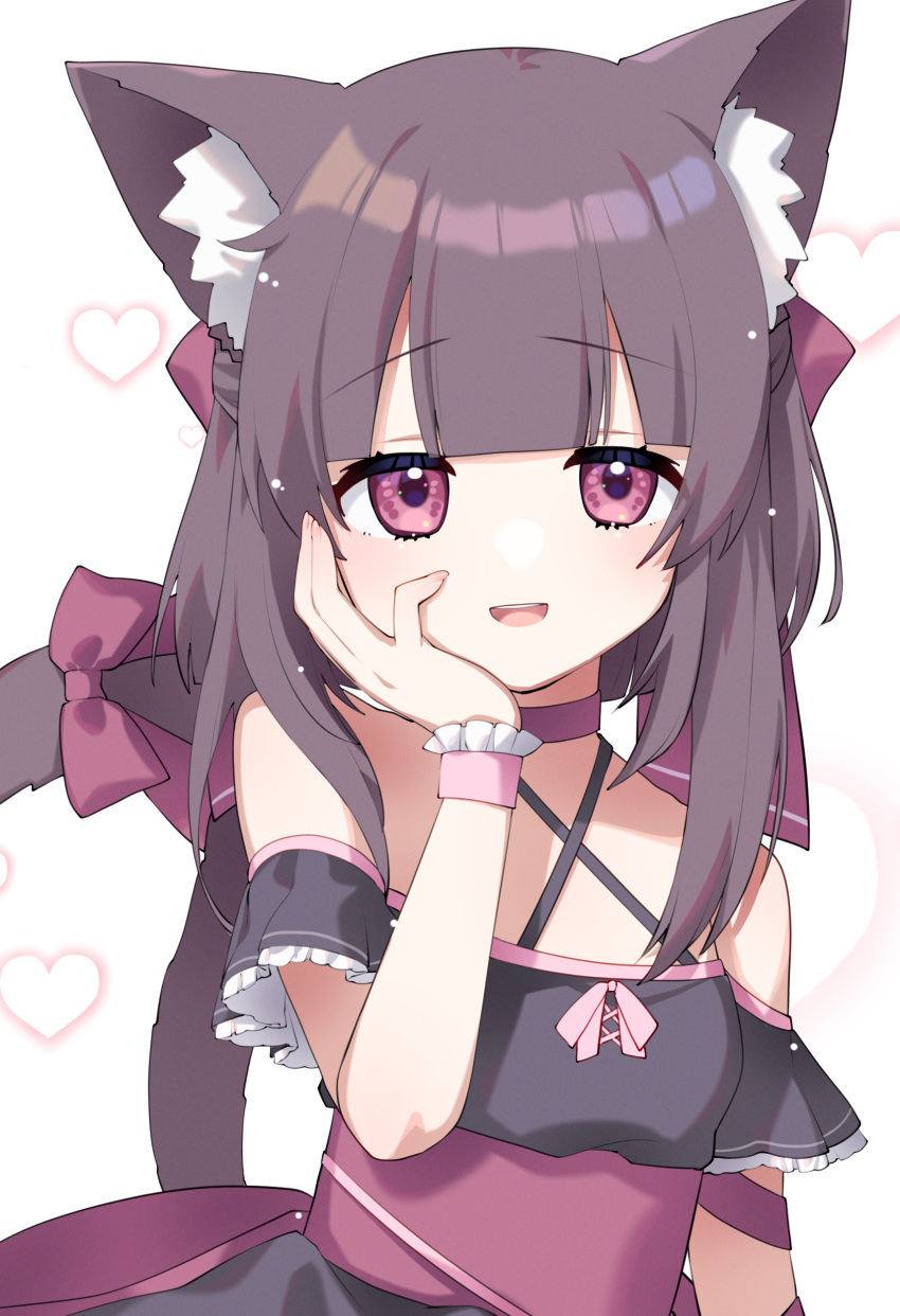 1girl, absurdres, animal_ears, bangs, bare_shoulders, black_dress, blush, bow, brown_hair, cat_ears, cat_girl, cat_tail, choker, commission, commissioner_upload, criss-cross_halter, dress, erica_illust, eyebrows_visible_through_hair, fallenshadow, flat_chest, frilled_dress, frills, hair_bow, halterneck, hand_on_own_face, highres, indie_virtual_youtuber, looking_at_viewer, medium_hair, off-shoulder_dress, off_shoulder, open_mouth, petite, pink_bow, pink_choker, pink_eyes, pink_ribbon, ribbon, ribbon_choker, sidelocks, single_wristcuff, skeb_commission, smile, solo, solo_focus, tail, tail_ornament, tail_ribbon, virtual_youtuber, wrist_cuffs