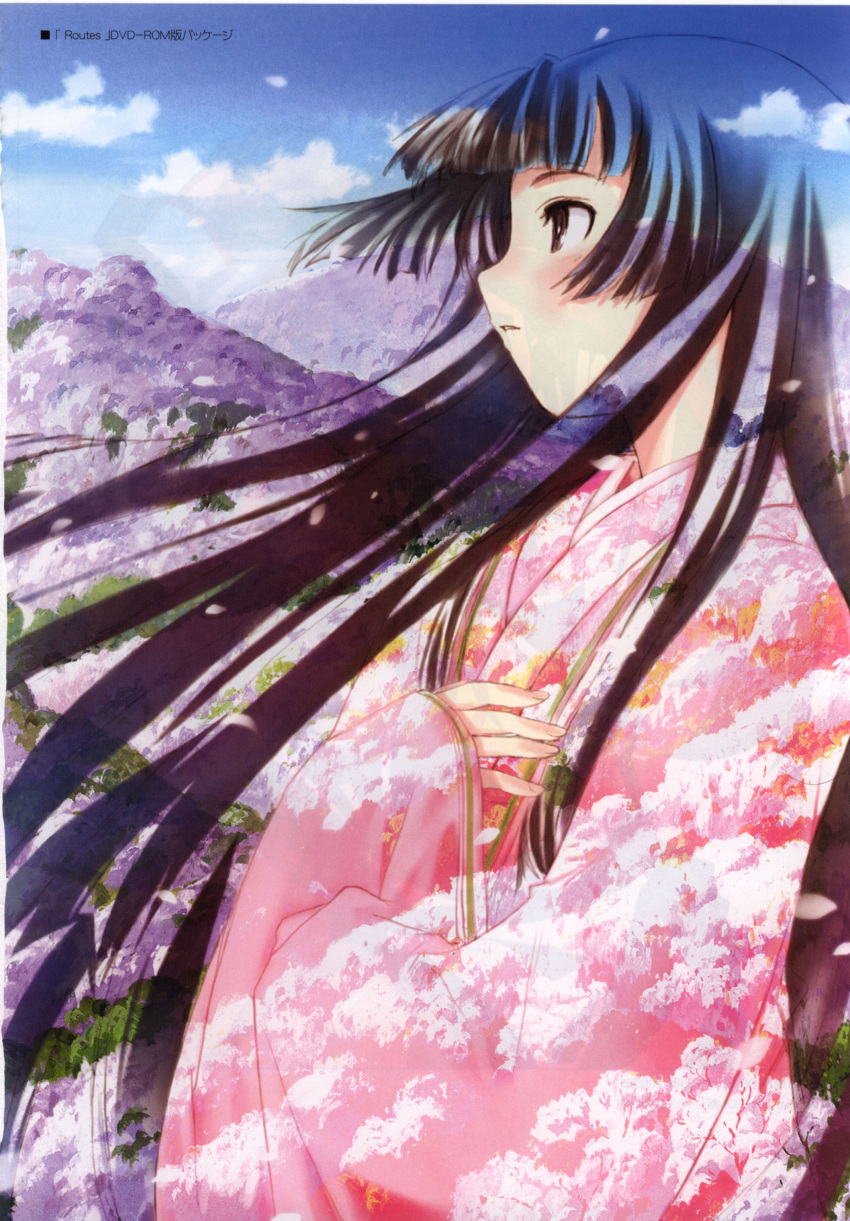 absurdres, black_hair, bleed_through, cloud, floating_hair, hand_on_own_chest, highres, hill