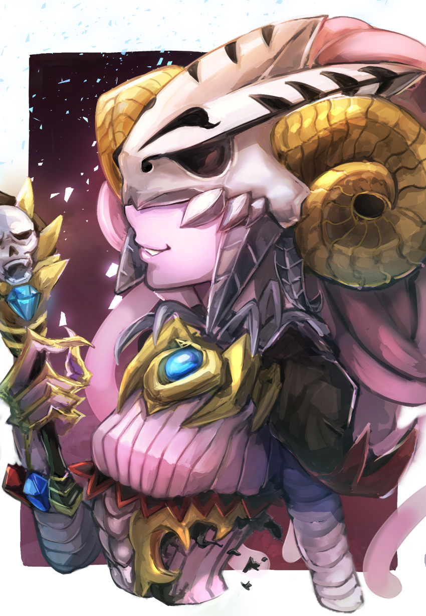 1girl, archfiend_heiress, bandages, breasts, brooch, colored_skin, demon_girl, duel_monster, hatano_kiyoshi, highres, holding, holding_staff, horns, jewelry, mask, purple_skin, skull, small_breasts, solo, staff, tentacle_hair, upper_body, yu-gi-oh!