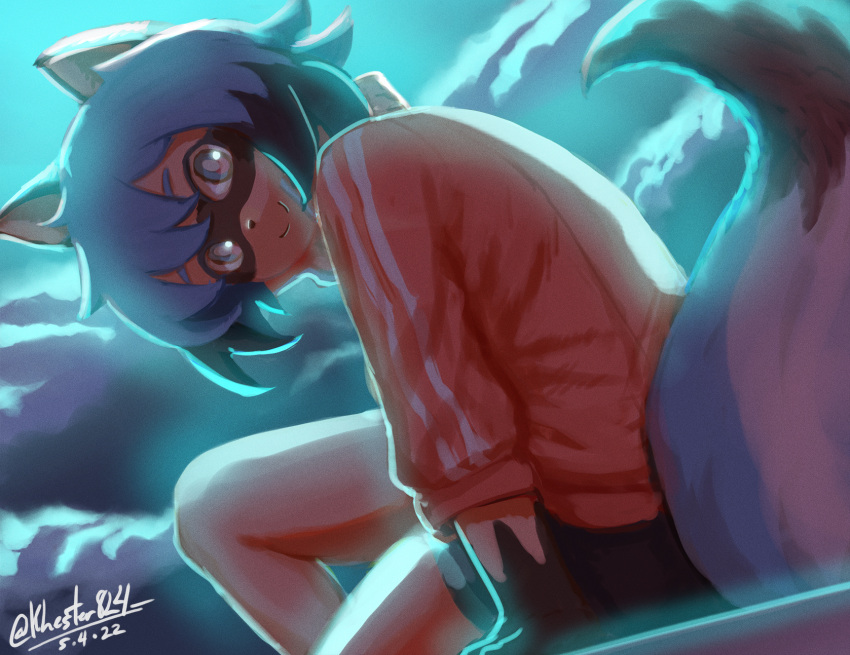 1girl, animal_ears, artist_name, blue_hair, blue_shorts, body_fur, brand_new_animal, brown_hair