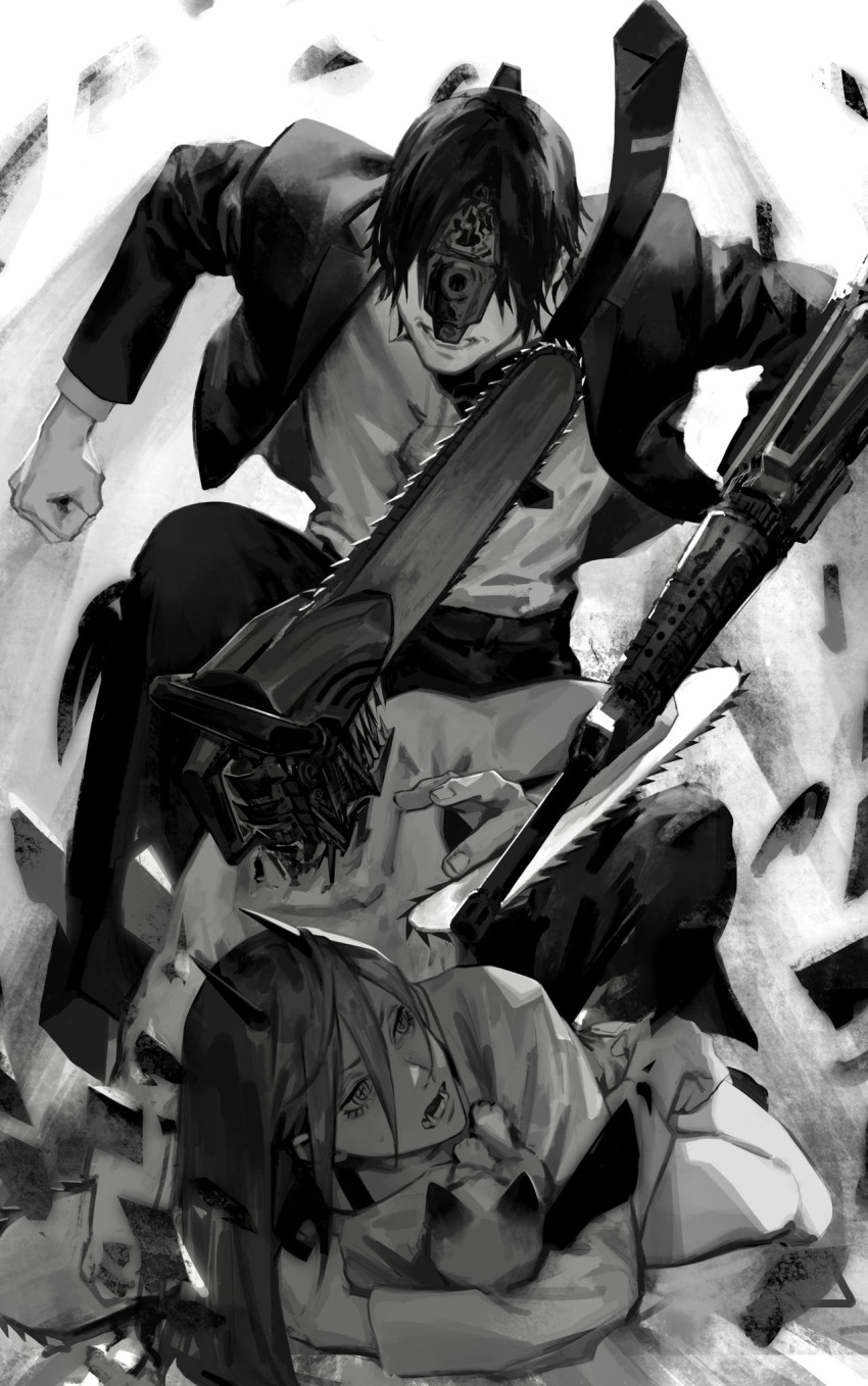 1girl, 2boys, black_hair, black_necktie, black_pants, black_suit, chainsaw, chainsaw_devil