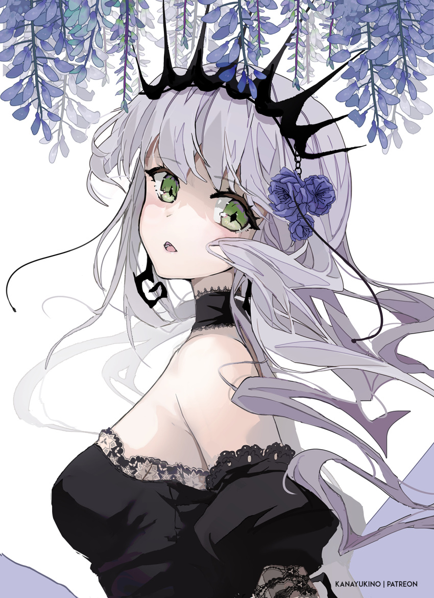 1girl, :o, artist_name, bangs, bare_shoulders, black_choker, black_dress, breasts