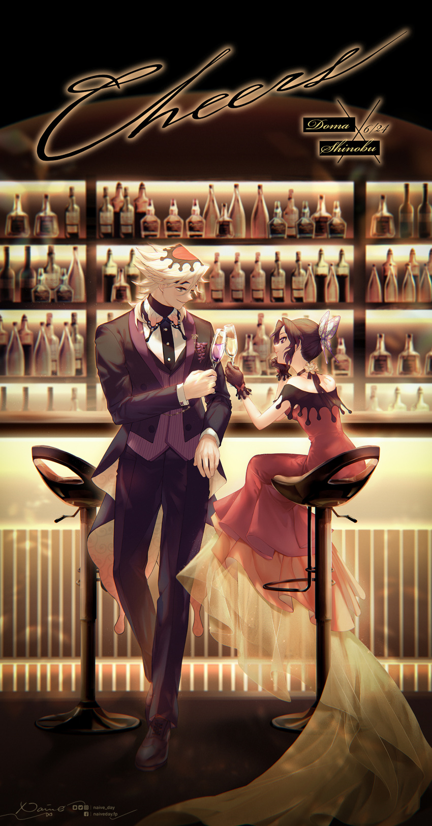 1boy, 1girl, adapted_costume, alcohol, bangs, bar, bar_stool, bare_shoulders, black_footwear, black_gloves, black_hair, black_jacket, black_pants, blurry, bottle, boutonniere, breasts, butterfly_hair_ornament, butterfly_ornament, butterfly_wings, character_name, choker, closed_mouth, contrapposto, corsage, cosplay, costume_switch, counter, cup, dated, depth_of_field, douma_(kimetsu_no_yaiba), dress, drinking_glass, elbow_rest, english_text, fake_wings, flipped_hair, flower, formal, gloves, gown, hair_ornament, hand_on_own_chin, head_rest, highres, holding, holding_cup, indoor, jacket, kimetsu_no_yaiba, kochou_shinobu, layered_dress, long_dress, long_hair, long_sleeves, looking_at_another, looking_away, looking_down, lotus, naive_(day), night, off-shoulder_dress, off_shoulder, pants, parted_lips, print_hair, profile, purple_vest, red_dress, shelf, shoes, sidelocks, sitting, smile, standing, stool, suit, tailcoat, toast_(gesture), two-sided_fabric, vest, wine, wine_bottle, wings, wisteria