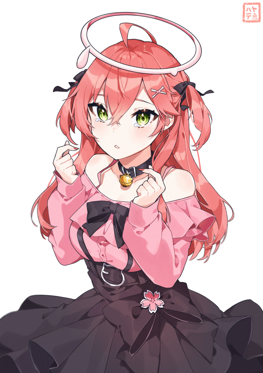 1girl, absurdres, bangs, bare_shoulders, bell, black_bow, black_collar, black_ribbon, black_skirt, bow, collar, commentary_request, darling_dance_(vocaloid), green_eyes, hair_between_eyes, hair_ornament, hair_ribbon, halo, hayate_fish, high-waist_skirt, highres, hololive, jingle_bell, long_hair, long_sleeves, looking_at_viewer, nail_polish, neck_bell, off-shoulder_shirt, off_shoulder, parted_lips, pink_shirt, red_nails, redhead, ribbon, sakura_miko, shirt, simple_background, skirt, solo, tearing_up, two_side_up, virtual_youtuber, white_background, x_hair_ornament