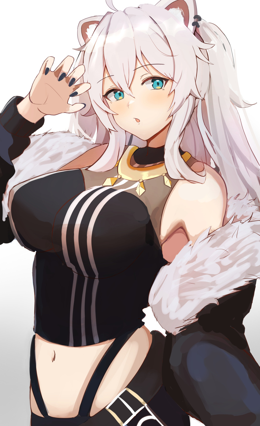 1girl, absurdres, ahoge, animal_ears, bangs, black_jacket, black_shirt, blue_eyes, breasts, claw_pose, cowboy_shot, ear_piercing, fur-trimmed_jacket, fur_trim, hair_between_eyes, highres, hololive, jacket, jewelry, large_breasts, lion_ears, lion_girl, long_hair, looking_at_viewer, messy_hair, muginomaru, necklace, oversized_clothes, piercing, see-through, shirt, shishiro_botan, sidelocks, silver_hair, skin_tight, sleeveless, sleeveless_shirt, solo, two_side_up, virtual_youtuber