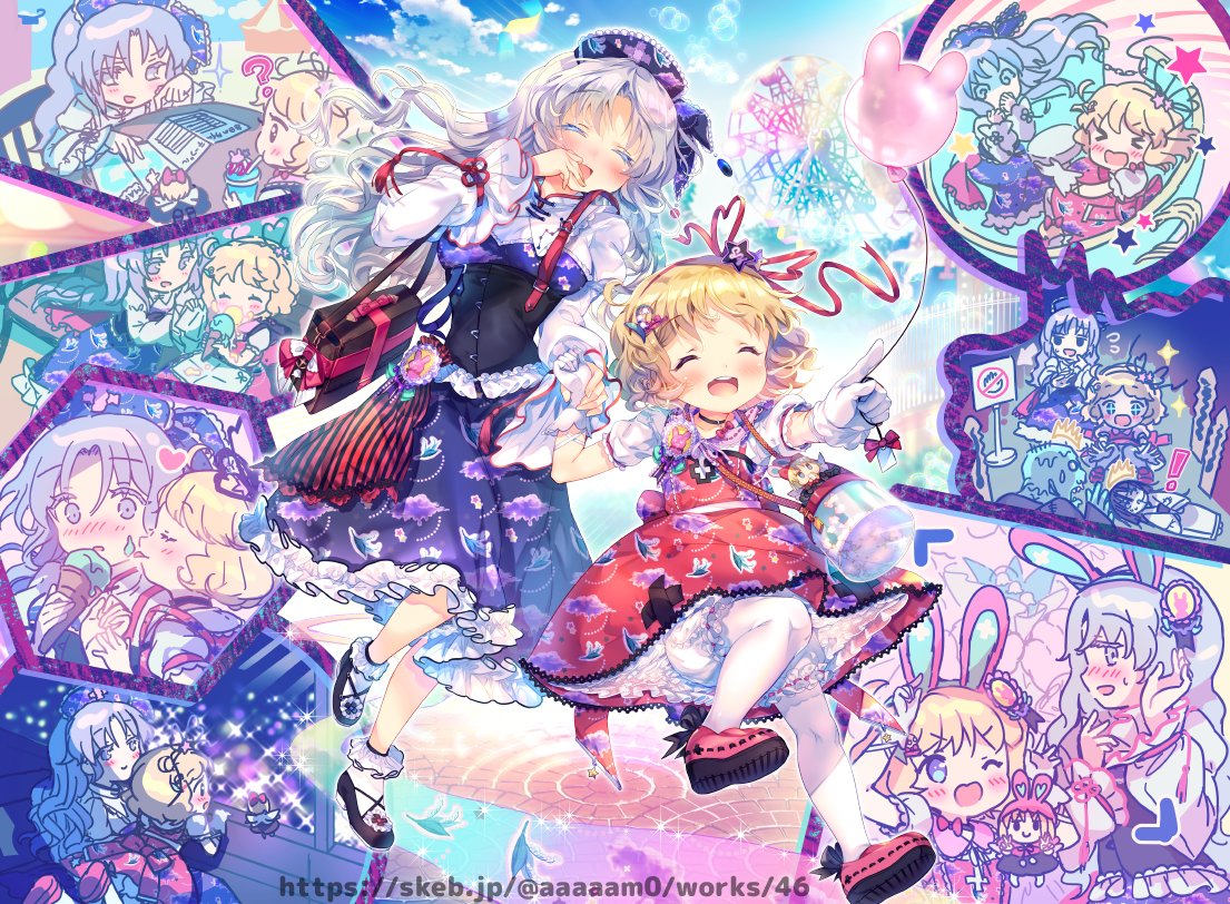 >_<, 3girls, :d, adapted_costume, amo_(shibu3), amusement_park, animal_ears, bag