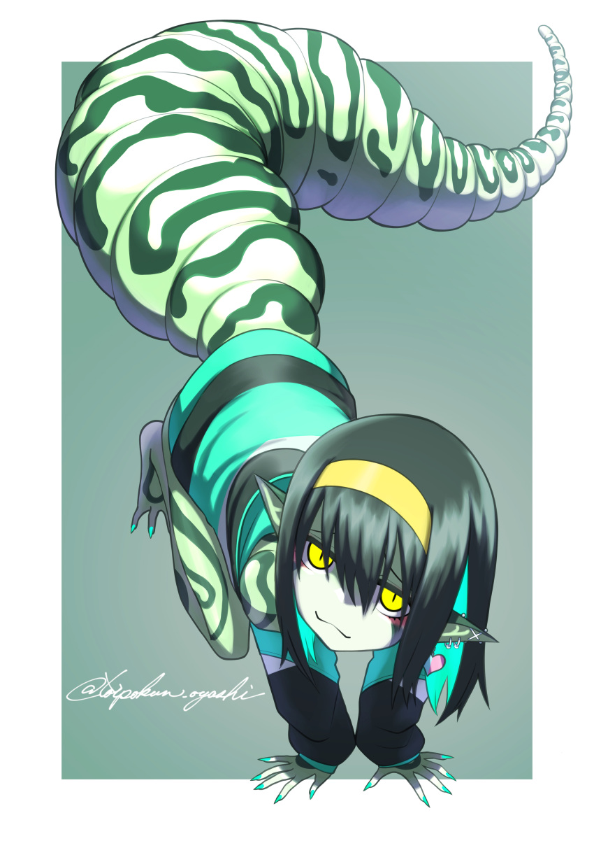 1girl, :3, absurdres, all_fours, ear_piercing, earrings, fingernails, gecko