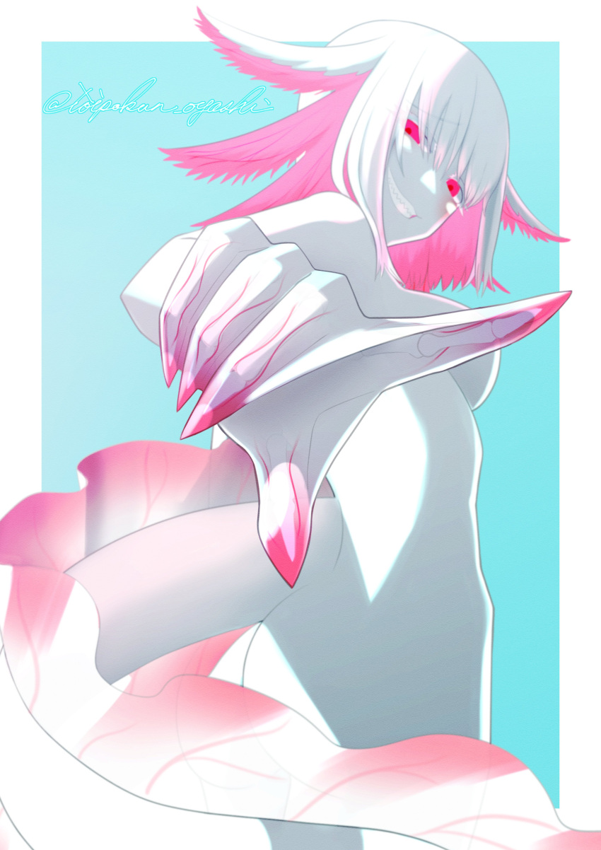 absurdres, axolotl_girl, blue_background, fins, glowing, glowing_eyes, head_fins, highres