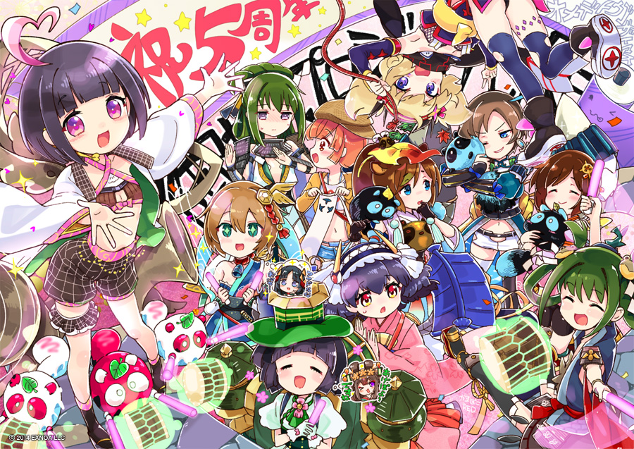 6+girls, :d, animal_ears, anniversary, aqua_eyes, bangs, bare_shoulders, black_hair