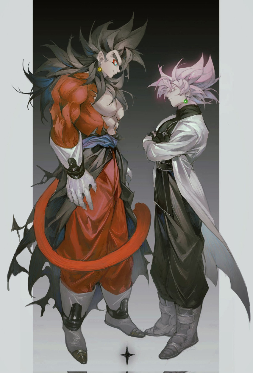 black_hair, body_fur, clothoooooo, dougi, dragon_ball, dragon_ball_heroes, dragon_ball_super, earrings, fusion, goku_black, highres, jewelry, monkey_boy, monkey_tail, pink_hair, potara_earrings, red_fur, saiyan, spiky_hair, super_saiyan, super_saiyan_4, super_saiyan_rose, tail, vegetto, vegetto_(xeno)