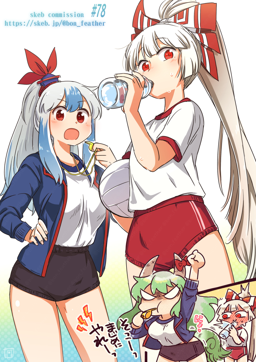 4girls, alternate_costume, blue_hair, blush, bon_(rump), bow, breasts, ex-keine