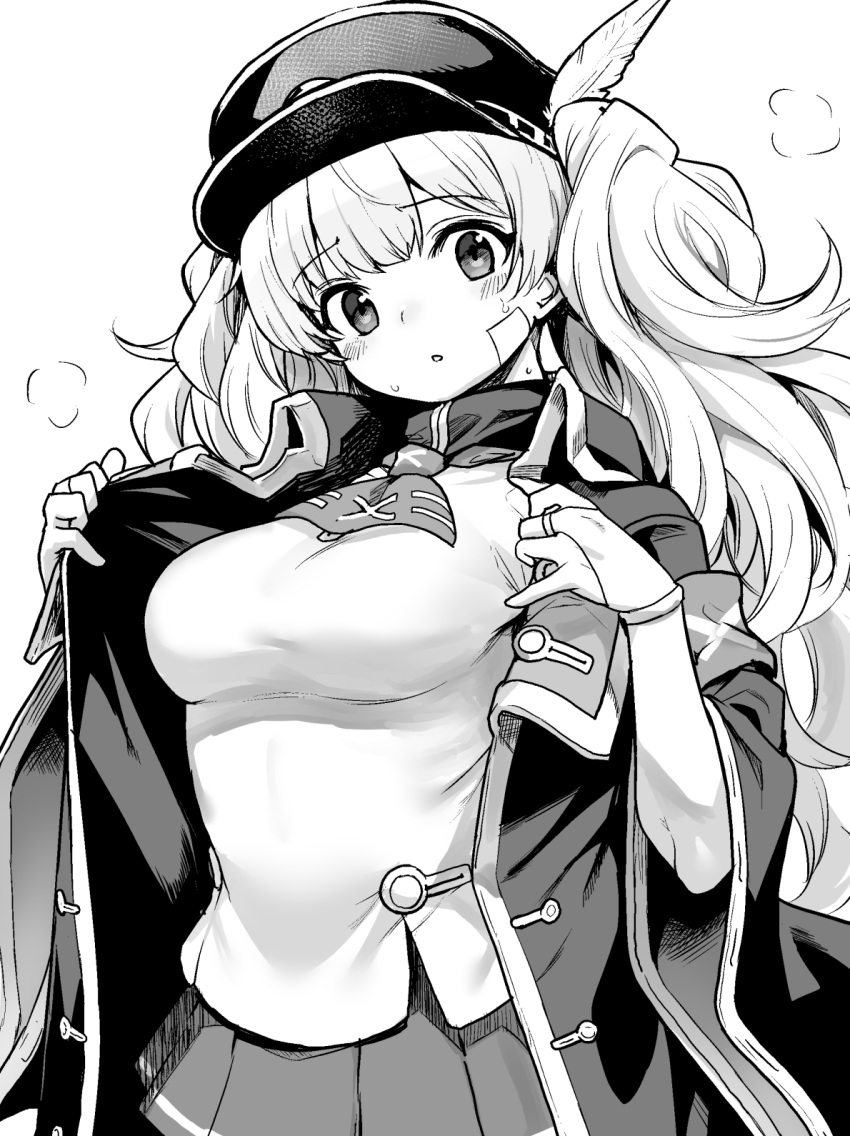1girl, :o, ascot, bandaid, bandaid_on_face, blush, breasts, breath