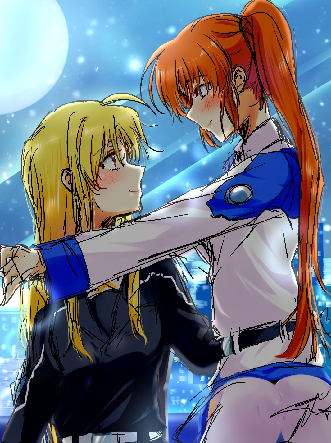 2girls, blonde_hair, blue_eyes, couple, eye_contact, fate_testarossa, happy, highres