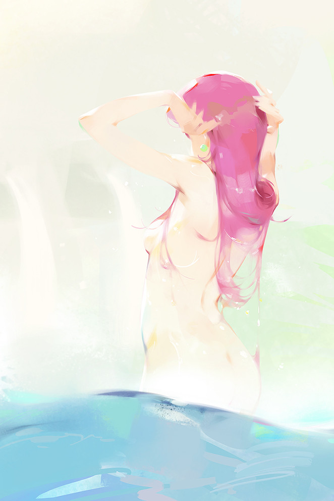 1girl, a-shacho, arms_behind_head, ass, breasts, completely_nude, convenient_censoring, cowboy_shot