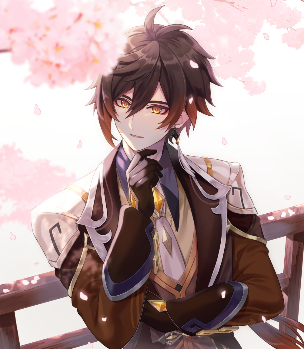 1boy, bangs, black_gloves, black_hair, brown_hair, cherry_blossoms, coat, earrings