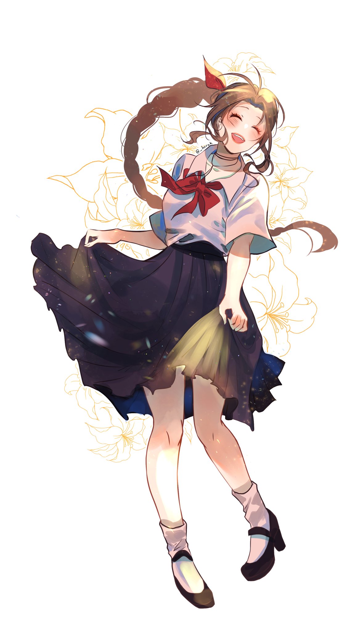 1girl, aerith_gainsborough, alternate_costume, bangs, black_skirt, braid, braided_ponytail, brown_hair