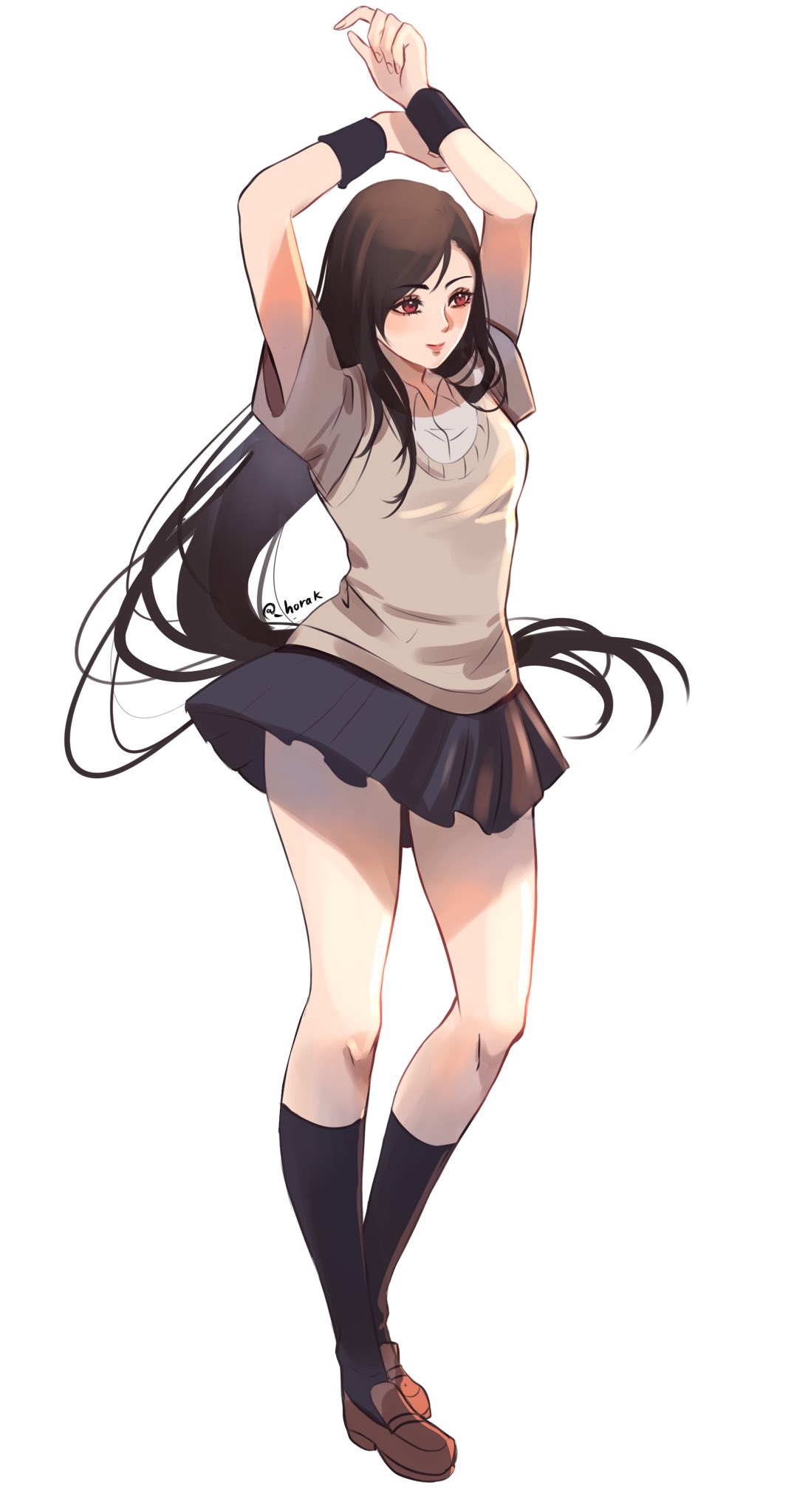 1girl, alternate_costume, arms_up, black_hair, breasts, calf_socks, final_fantasy, final_fantasy_vii, final_fantasy_vii_remake, full_body, highres, hora_k, long_hair, red_eyes, school_uniform, short_sleeves, square_enix, tifa_lockhart, white_background, wristband